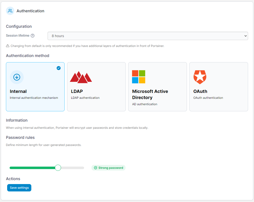Portainer authentication settings screen showing Internal, LDAP, Active Directory, and OAuth options