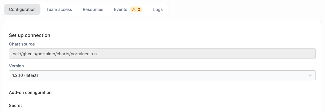 Portainer managing an installed add-on: version and configuration fields