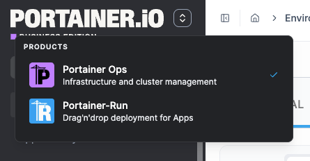 Portainer product switcher showing installed add-ons as external links