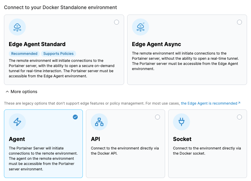 Portainer Add environment screen for a Docker Standalone host via Portainer Agent