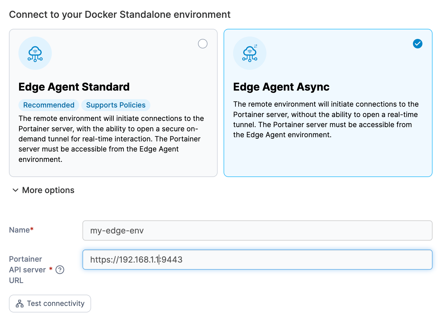 Portainer Add environment screen for an Edge Agent in async mode