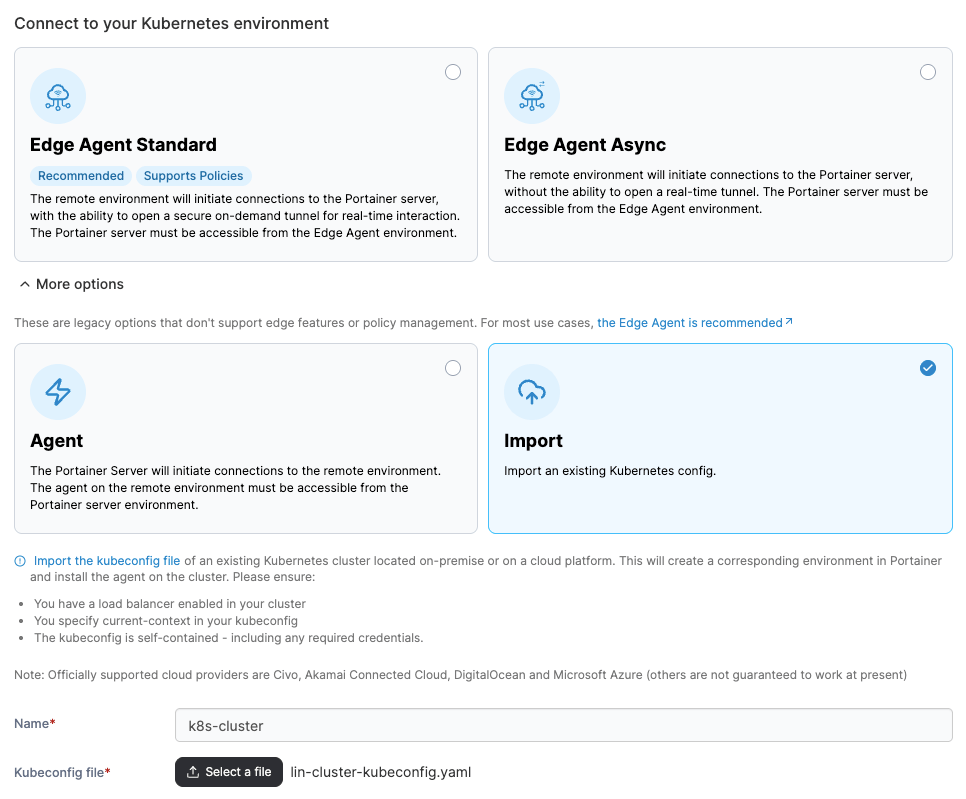 Portainer Add environment screen for importing a managed Kubernetes cluster via kubeconfig