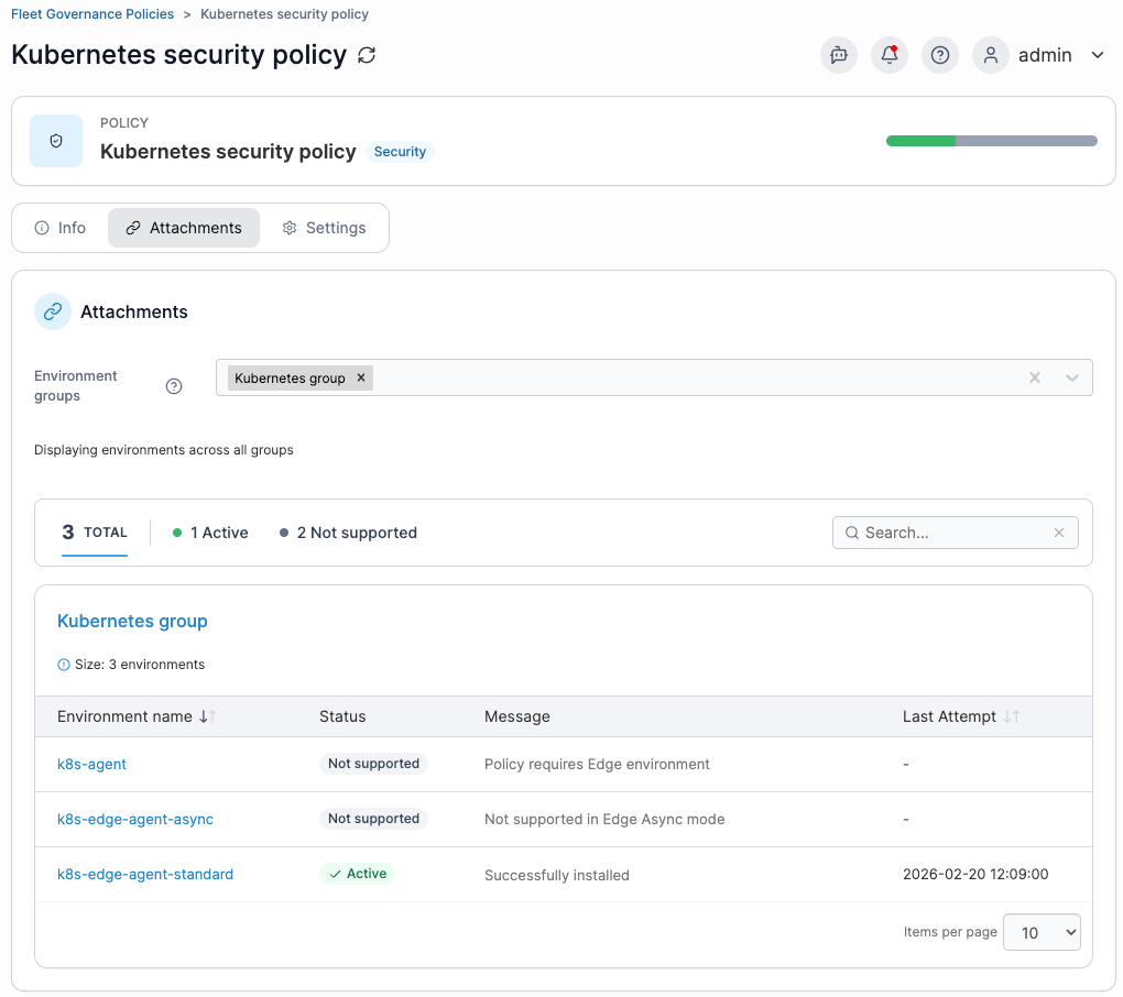Portainer policy attachment status table showing per-environment message and last attempt
