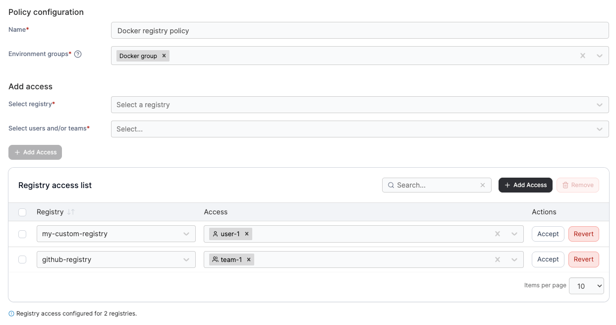 Portainer registry policy configuration screen