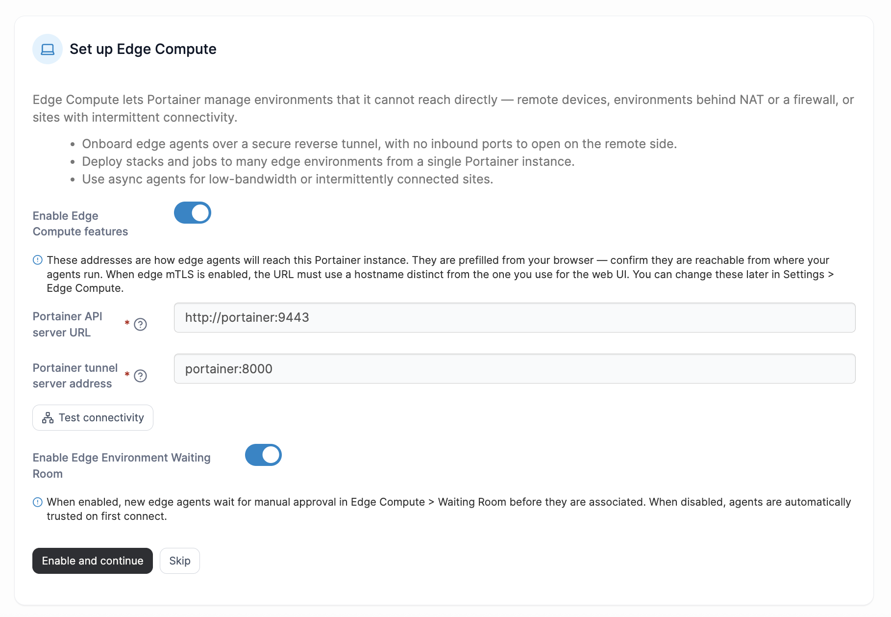 Portainer initial-setup Edge Compute step with the enable toggle, API server URL, tunnel server address, and waiting room fields