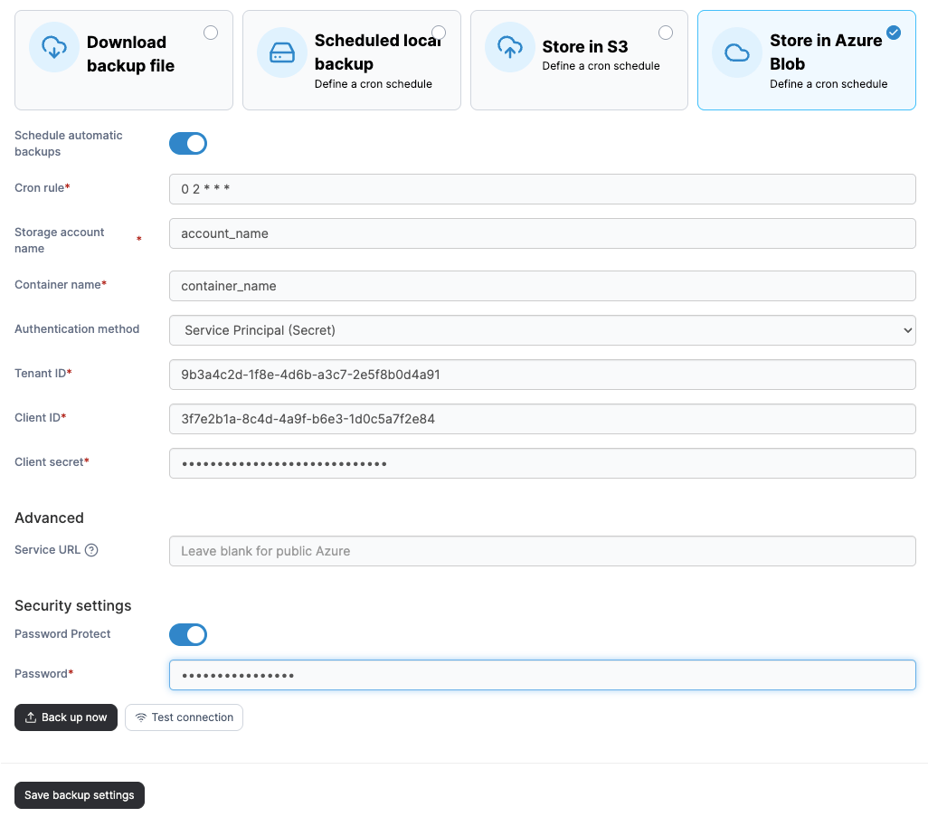 Portainer backup configuration storing to Azure Blob storage