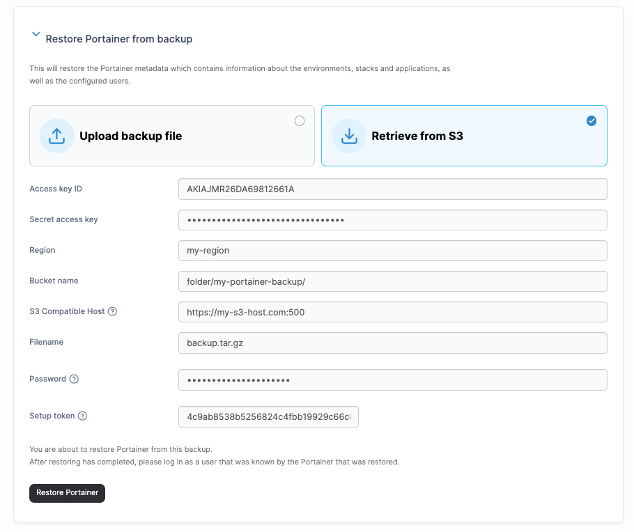 Portainer restore from S3 form with access key, bucket, filename, and password fields