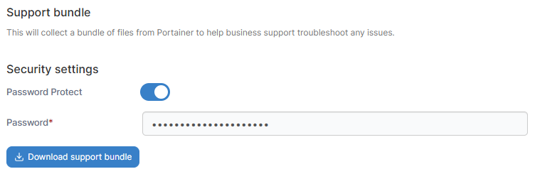 Portainer support bundle download screen